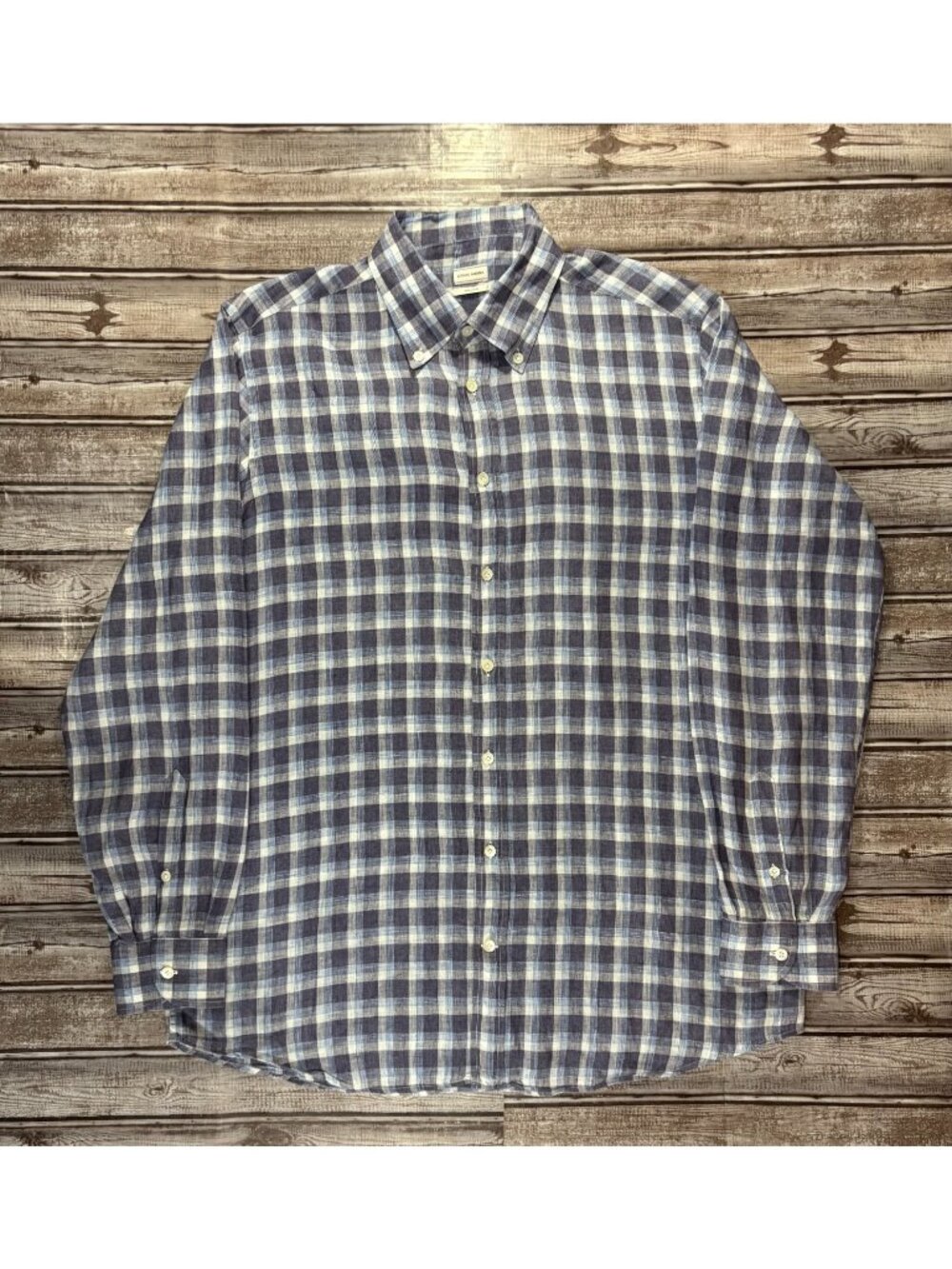 Luciano Barbera Blue 100% Linen Plaid Button Up Shirt size L made in Italy